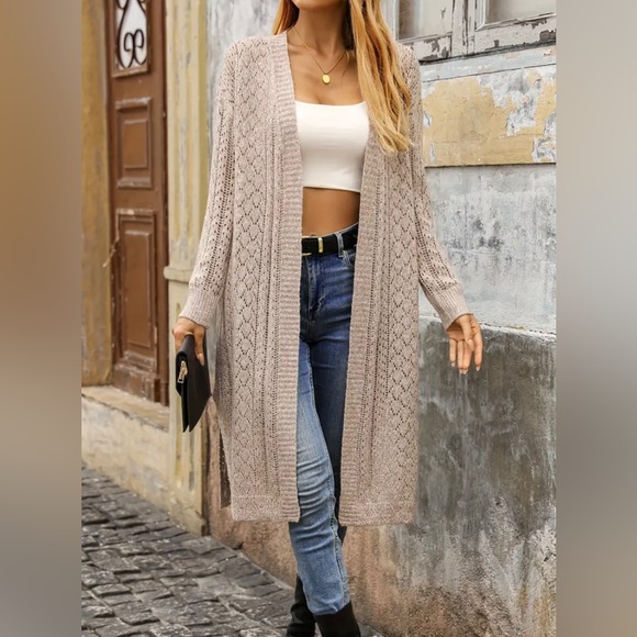 New Open Front Solid Crochet Hollow Cardigan Knit Long Sleeve Split Neutral NWT - Picture 9 of 16